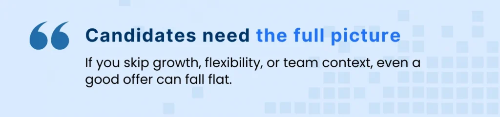 Callout graphic explaining how candidates need full job offer context beyond salary to make decisions.