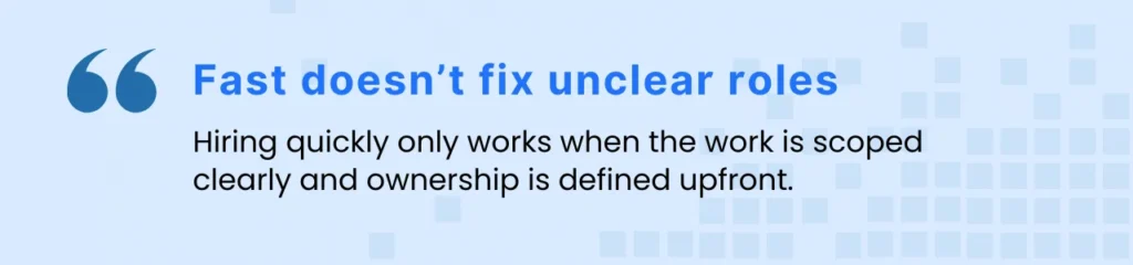 Callout reminding hiring leads that contract tech recruitment only works when role expectations and ownership are defined before sourcing.
