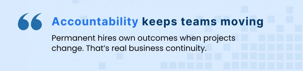 Accountability callout for contract vs permanent tech recruiting, focused on long-term results and team stability.