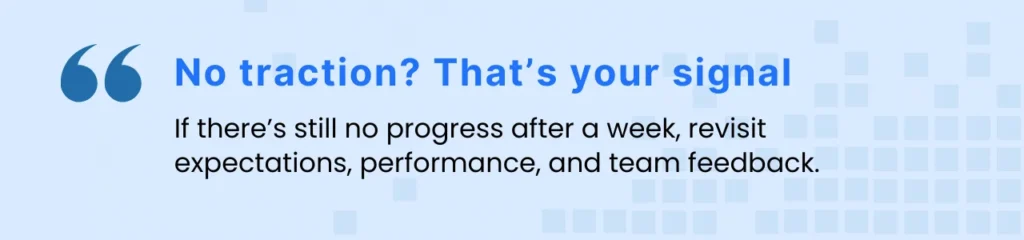 Callout image advising teams to revisit intake or screening if contractor progress is delayed; a sign of gaps in fast but vetted IT contractors hiring.