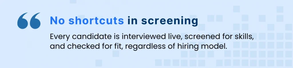 Tech recruiting callout about screening quality, describing live interviews and candidate fit for better hiring results.