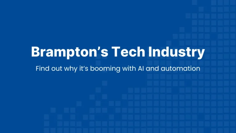 Hero banner highlighting Brampton’s tech industry growth with AI and automation, featuring a clean blue grid background.