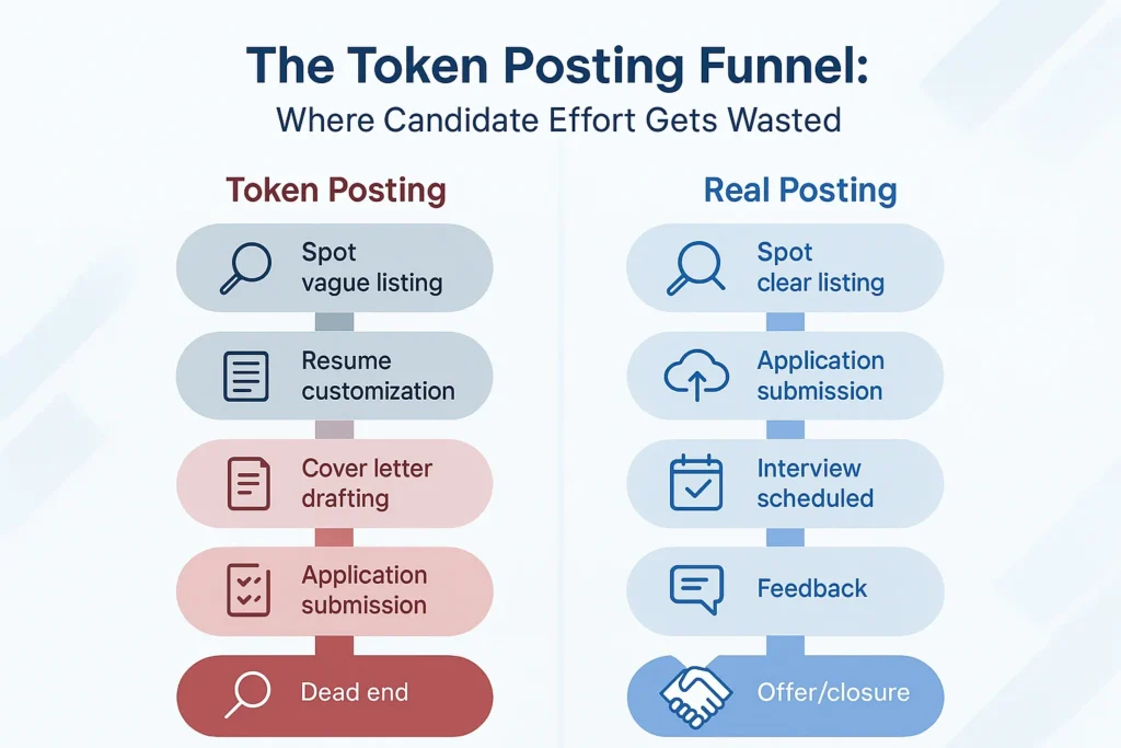 Infographic comparing candidate effort in what is token posting versus real job postings, showing wasted steps versus a clear hiring process.