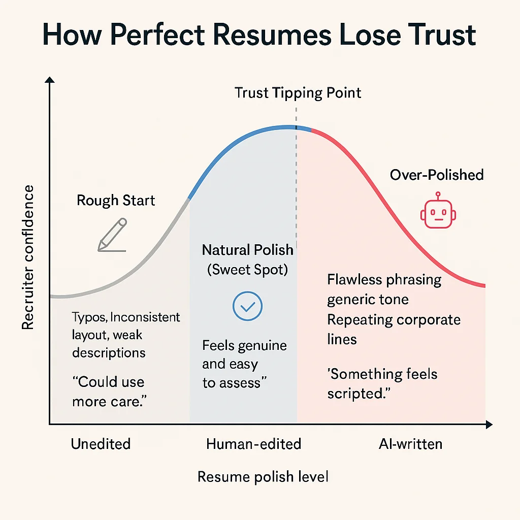 An infographic illustrating how recruiter confidence changes as resume polish increases, revealing the trust decline caused by over-edited AI-generated resumes. Visualizes the balance between technology and authenticity in technical recruiting.