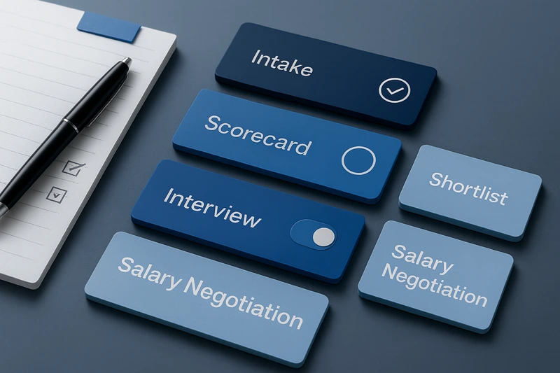 Digital workspace view of IT recruitment agency workflow cards representing STACK IT’s curated hiring insights and blog content.