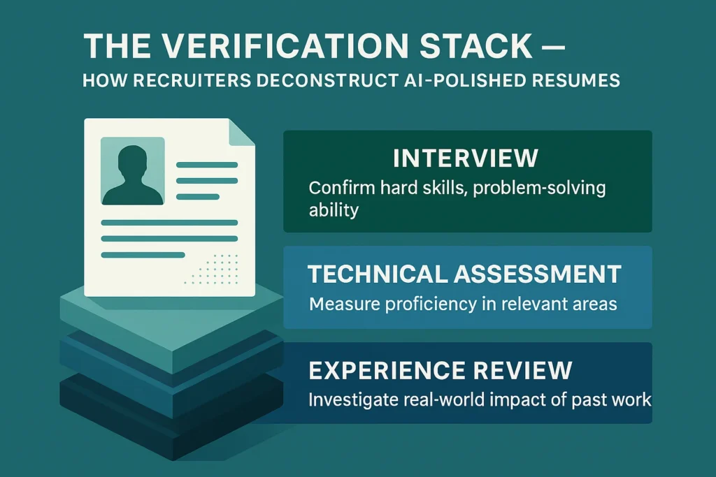 A horizontal infographic outlining STACK IT’s three-layer recruiter verification process for assessing AI-polished resumes, from language review to cultural fit evaluation. Demonstrates how human insight strengthens hiring accuracy in Canadian tech recruitment.