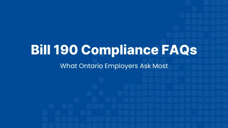 Hero banner for a Bill 190 FAQ article answering common hiring and job-posting compliance questions from Ontario employers.