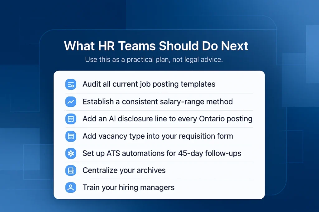 HR compliance checklist for Ontario Bill 190 job posting and AI disclosure rules.