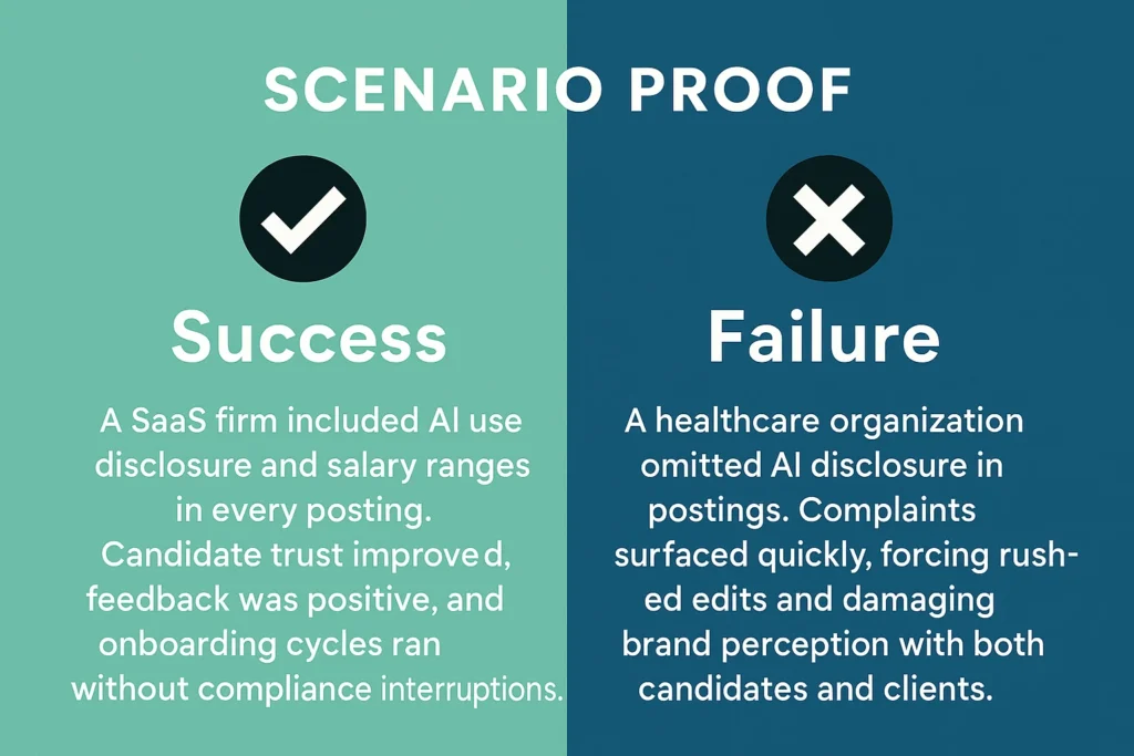 A two-column landscape infographic showing a successful AI disclosure example on one side and a failed non-disclosure case on the other, emphasizing the impact on employer trust and hiring outcomes.