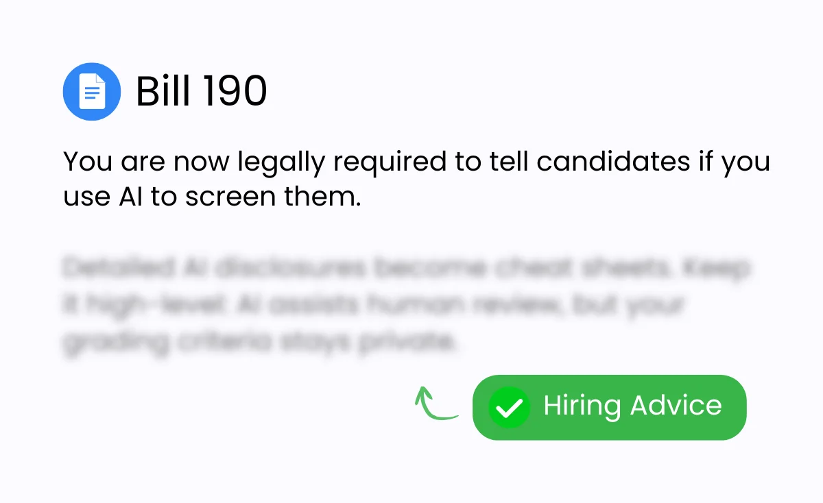 Graphic illustrating AI hiring compliance rules with blurred guidance to avoid exposing screening criteria