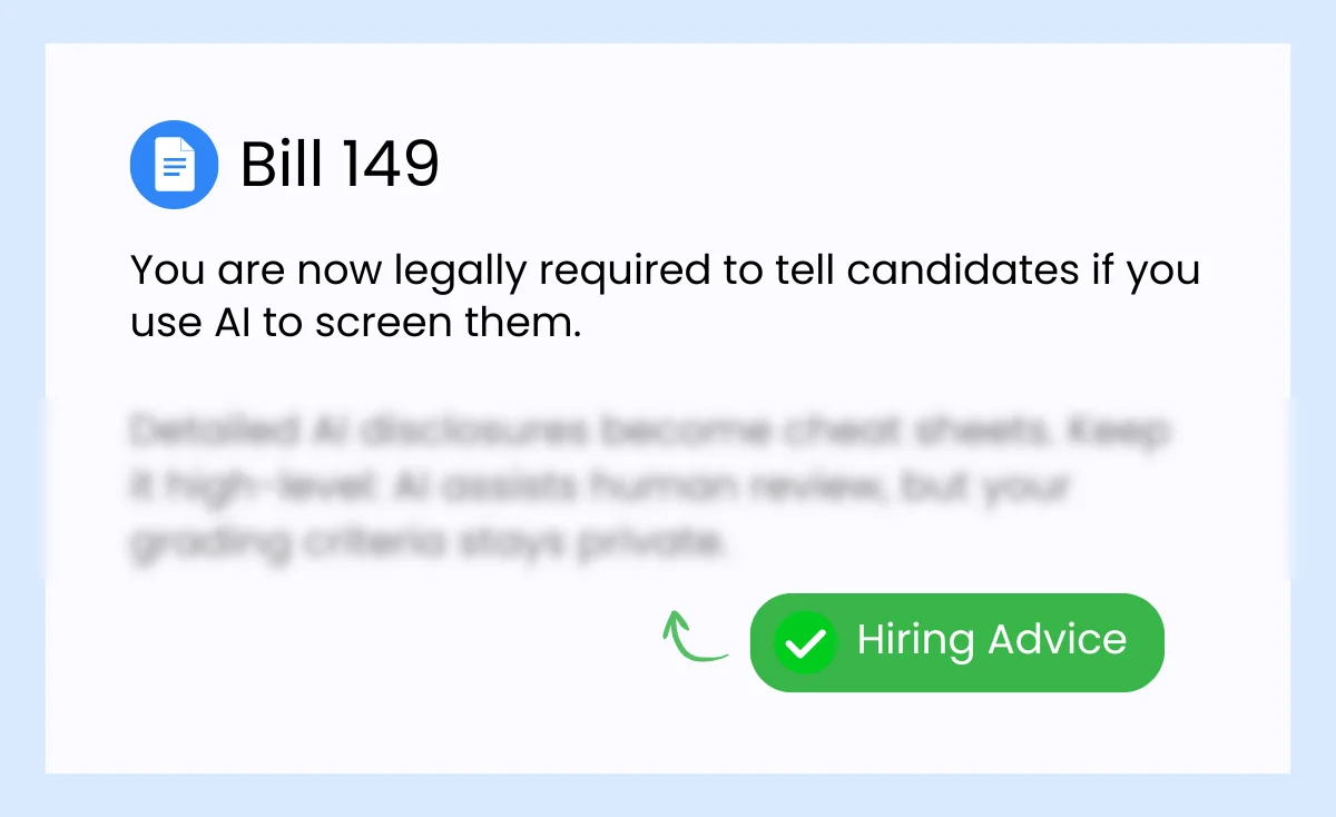 Graphic illustrating AI hiring compliance rules with blurred guidance to avoid exposing screening criteria