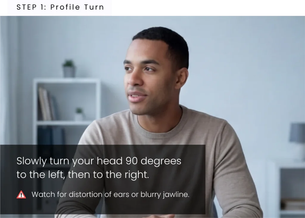 Candidate turning head during a video interview to verify identity and detect AI video manipulation