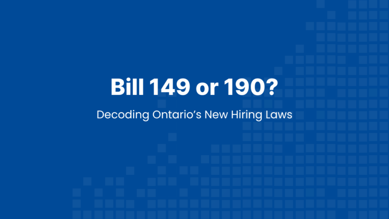 Bill 149 vs Bill 190 overview graphic explaining Ontario hiring laws for AI disclosure and recruitment compliance.