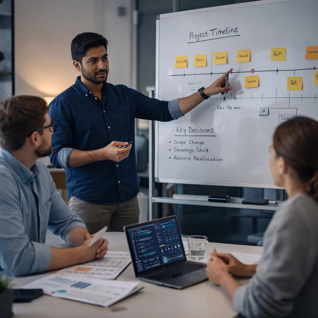 Candidate presenting past project experience and decision-making process to a hiring team in a Vaughan tech environment