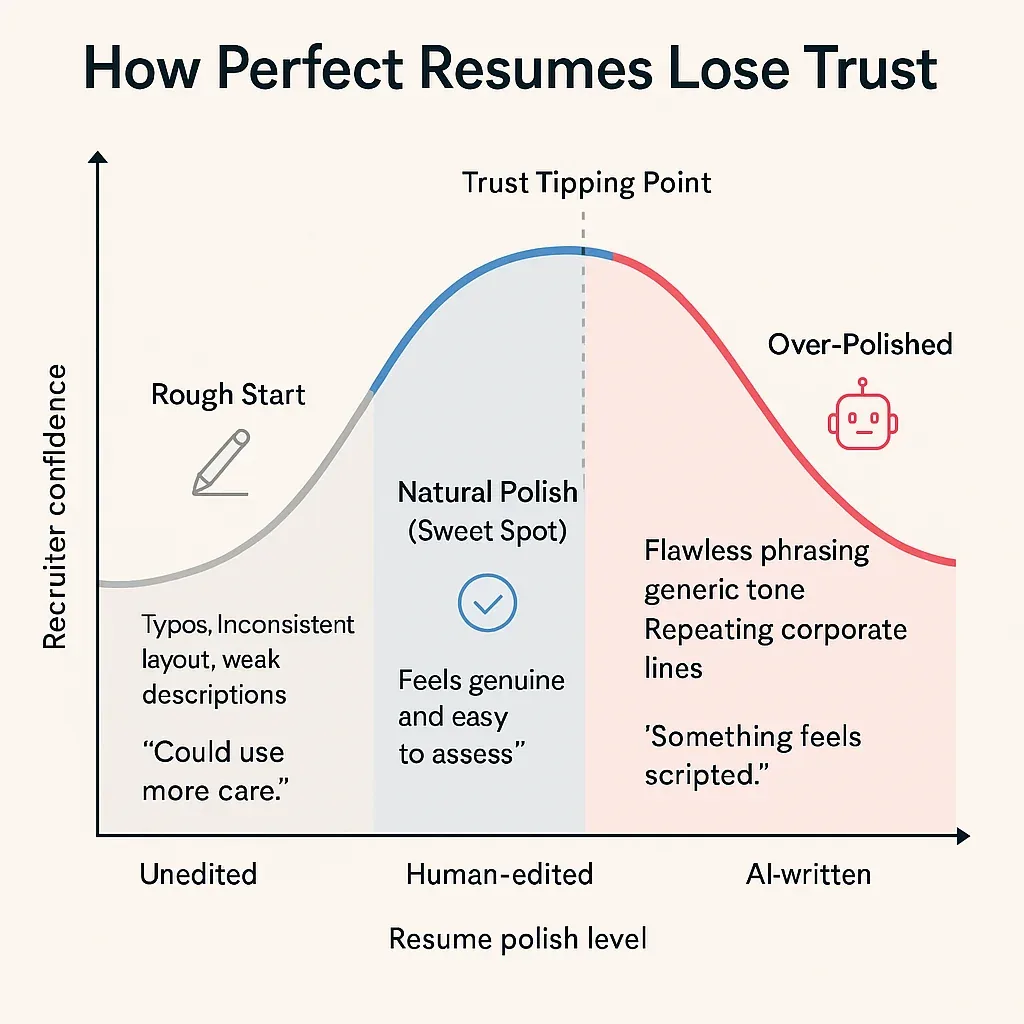 An infographic illustrating how recruiter confidence changes as resume polish increases, revealing the trust decline caused by over-edited AI-generated resumes. Visualizes the balance between technology and authenticity in technical recruiting.