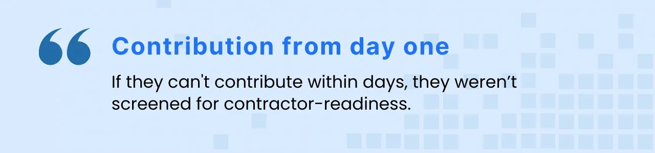 Graphic emphasising that a well-vetted contractor should start contributing to team delivery within days, reinforcing the value of urgent tech hiring support.