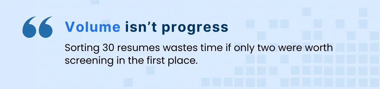 Quote card illustrating how bulk résumé pipelines often reflect tech hiring errors, not progress.