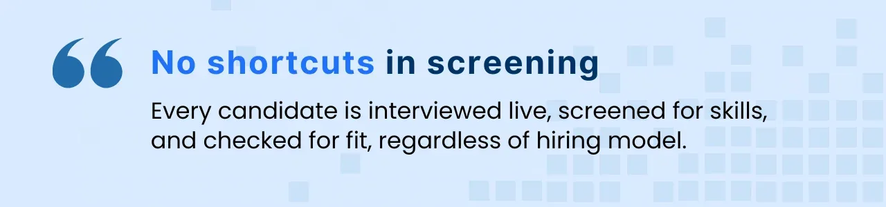 Tech recruiting callout about screening quality, describing live interviews and candidate fit for better hiring results.