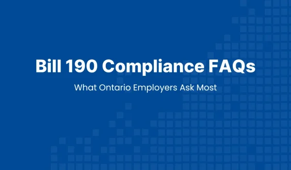 Hero banner for a Bill 190 FAQ article answering common hiring and job-posting compliance questions from Ontario employers.