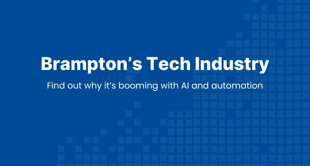 Hero banner highlighting Brampton’s tech industry growth with AI and automation, featuring a clean blue grid background.