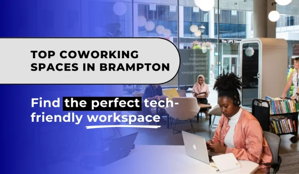 A modern coworking space in Brampton with tech professionals collaborating in a productive environment.