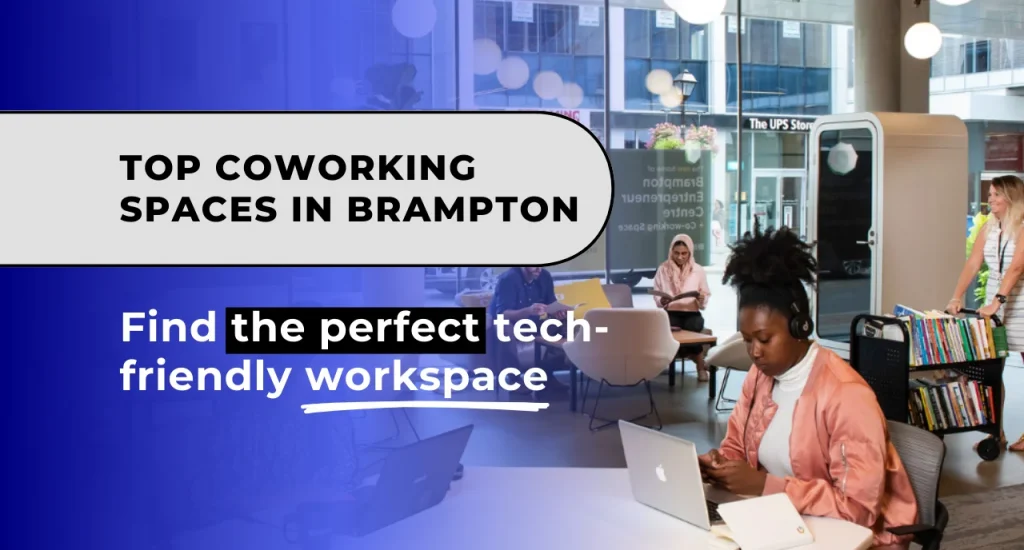 A modern coworking space in Brampton with tech professionals collaborating in a productive environment.